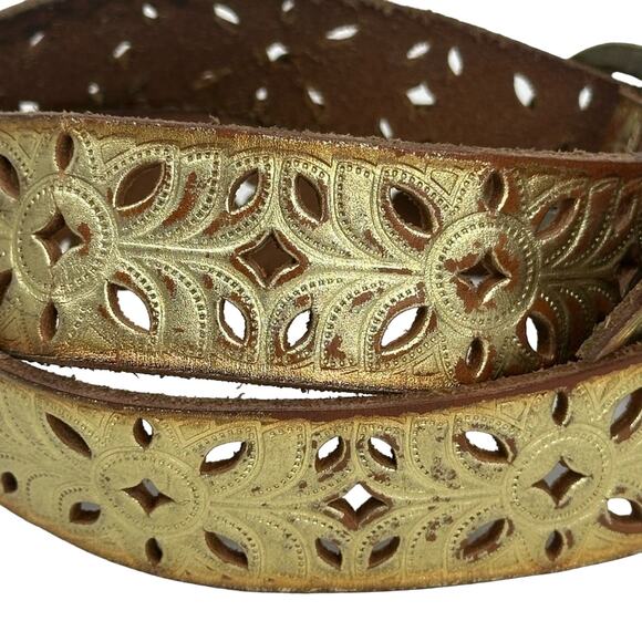 Fossil Distressed Laser Cut Tooled Gold Tone Belt Western Bling Festival Cowgirl - Picture 8 of 11